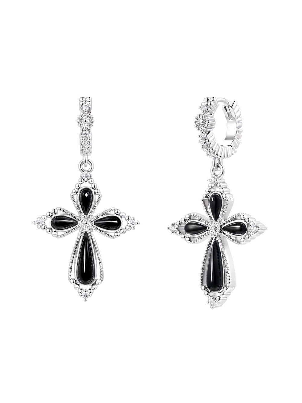 MUKTANK×SUN HUNTER Black Agate Petal Cross Drop Earrings