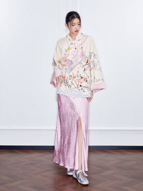 MUKZIN  Spring Prelude"Startling Swan Goose" Satin Printed Neo Chinese Style Cloak