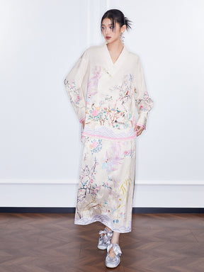 MUKZIN  SpringPrelude "Startled Swan" Jacquard Satin New Chinese-style Straight Tube Skirt