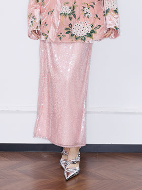 MUKZIN“Capsule Collection”Light Pink Sequin High Waist Slimming Maxi Skirt