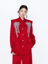 MUKZIN“Capsule Collection”Red Jacquard Oriental Cloud Shoulder Cape | Sequin & Beaded Embellished Detachable Collar