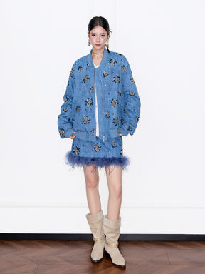 MUKZIN“Capsule Collection”Denim Mini Skirt with Feather Trim & Diamond Floral Details