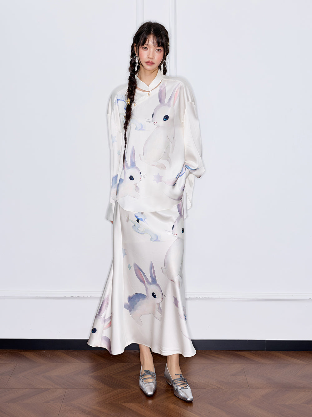 MUKZIN“Capsule Collection”New Chinese Style National Style Jade Rabbit Print Oblique Placket Blouse