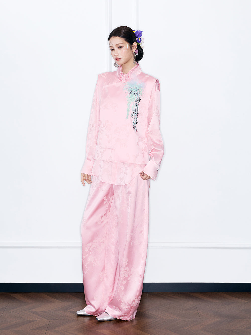 MUKZIN“Capsule Collection”Oriental Style Satin Shirt New Chinese Mandarin Collar Blouse
