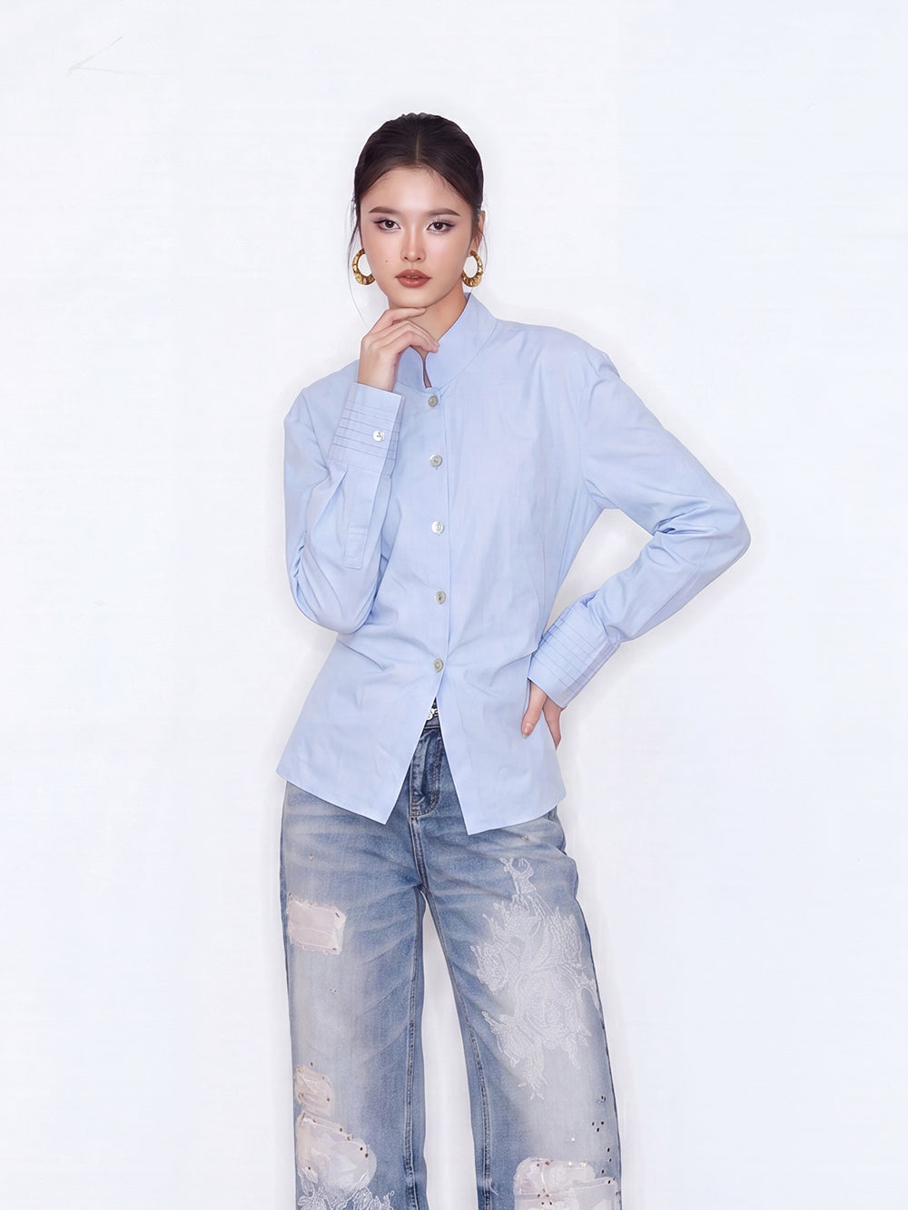 MUKZIN×Capsule Collection New Chinese-Style Cotton Stand Collar Long Sleeve Shirt