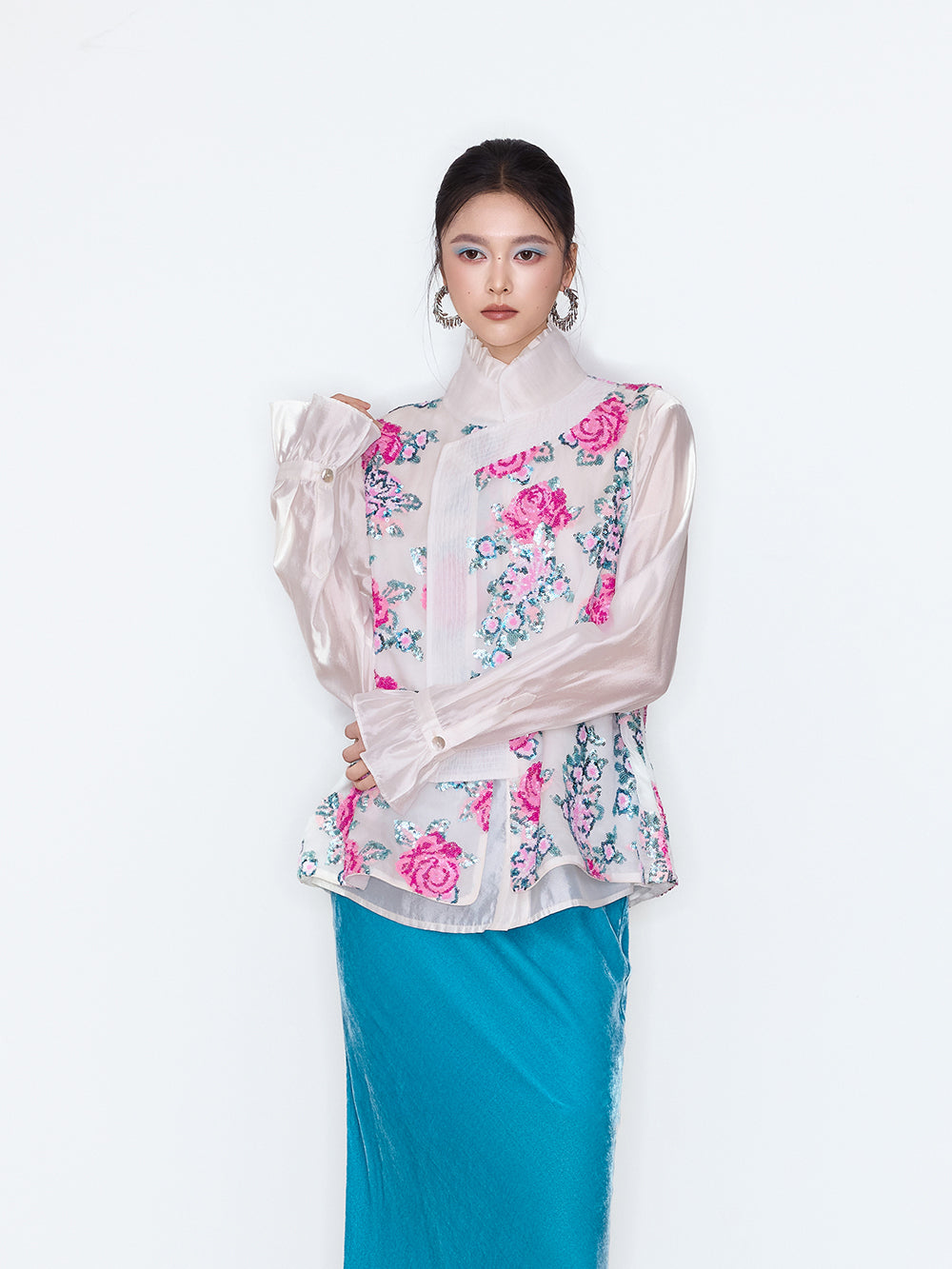 MUKZIN×Flourishing Blooms New Chinese-style loose and casual versatile glossy stand-up collar shirt