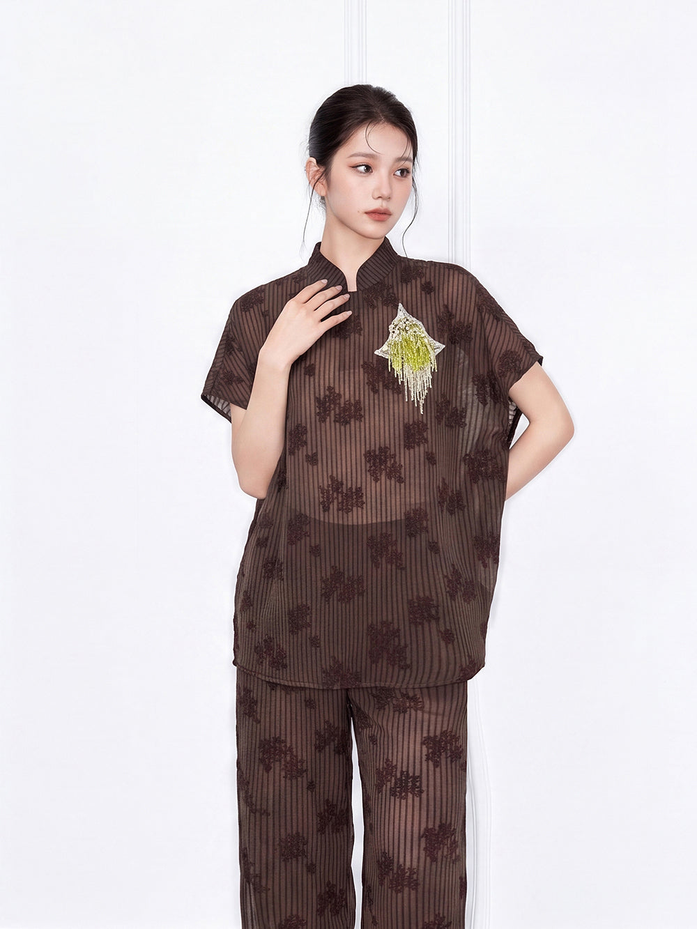 MUKZIN×Capsule Collection Modern Chinese Shirt Set with ICH Hami Hand Embroidery