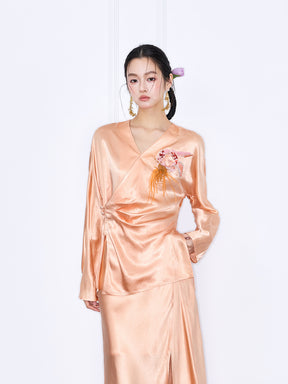 MUKZIN "Capsule Collection" New Chinese Style Embroidered V-Neck Acetate Blouse