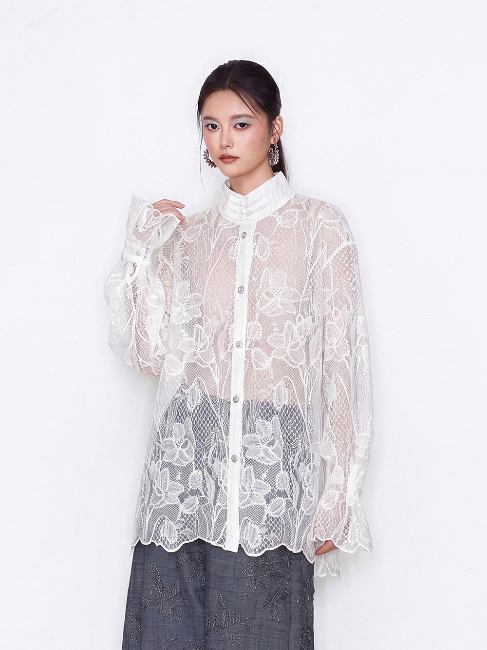 MUKZIN×Flourishing Blooms New Chinese-style V-neck white lace shirt