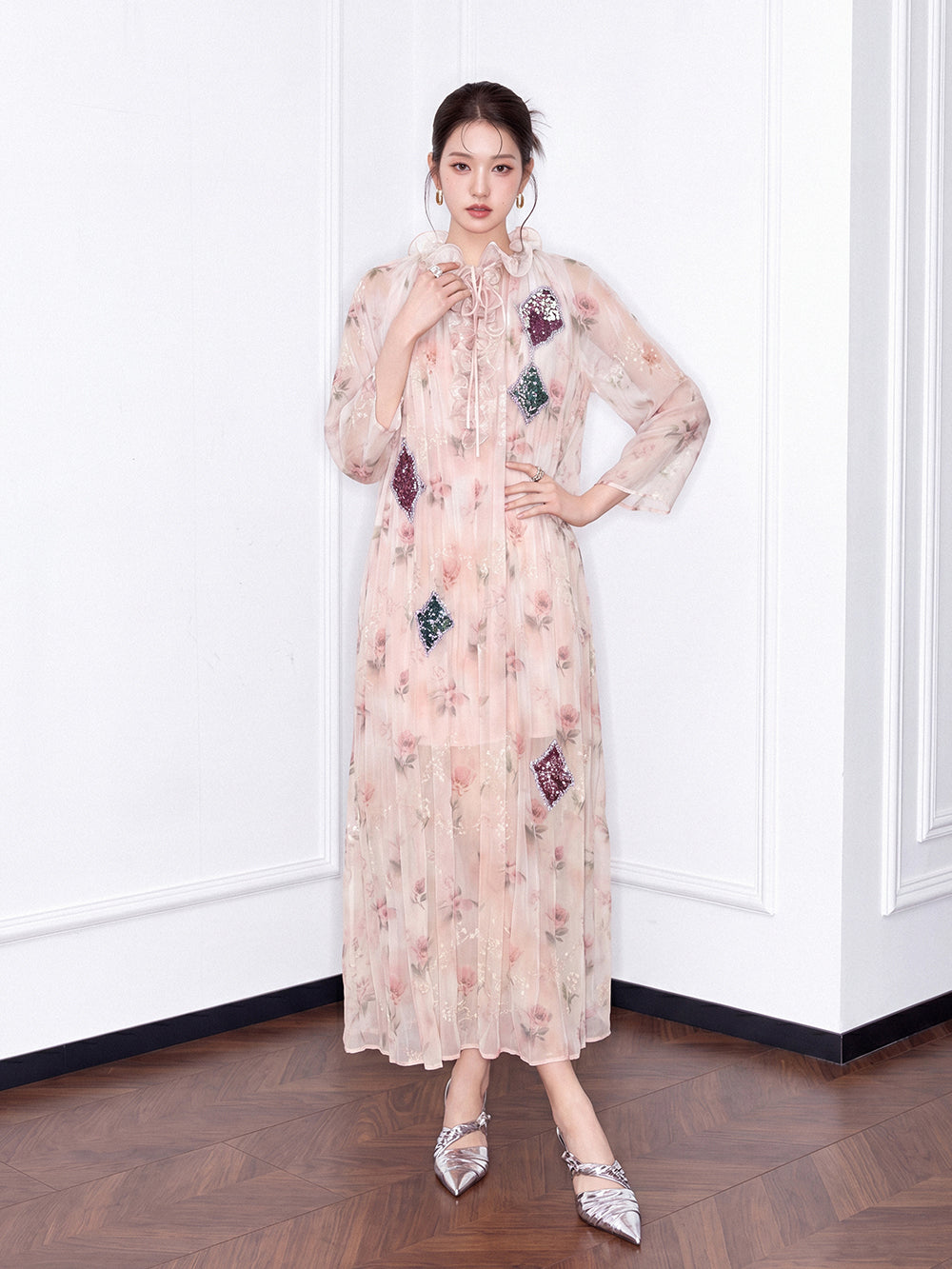 MUKZIN×Capsule Collection Chinese-Style Loose Floral Dress with Hami Hand Embroidery