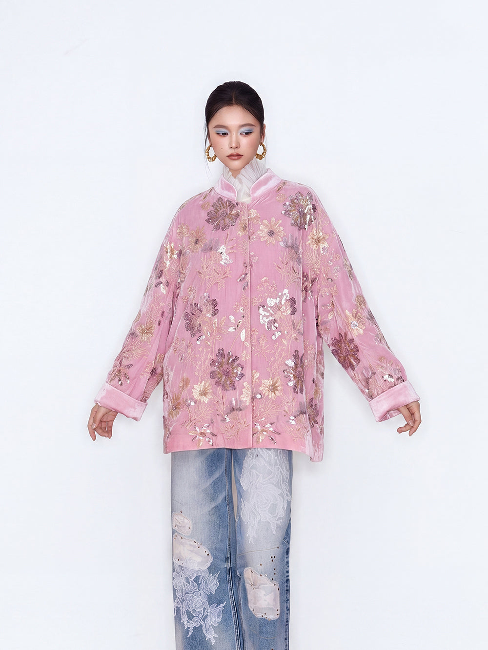 MUKZIN×Capsule Collection New Chinese-Style Pink Velvet Jacket with Floral Embroidery and Stand Collar