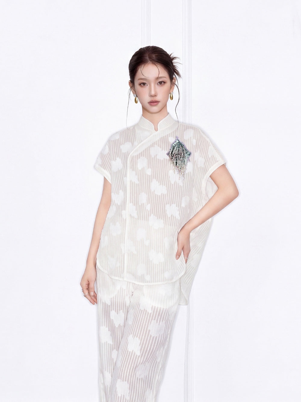 MUKZIN×Capsule Collection Modern Chinese Shirt Set with ICH Hami Hand Embroidery