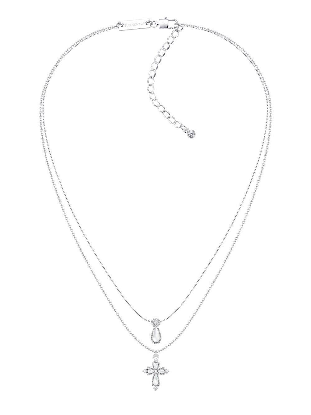 MUKTANK×SUN HUNTER Mother-of-Pearl Petal Teardrop Cross Double-Layer Necklace