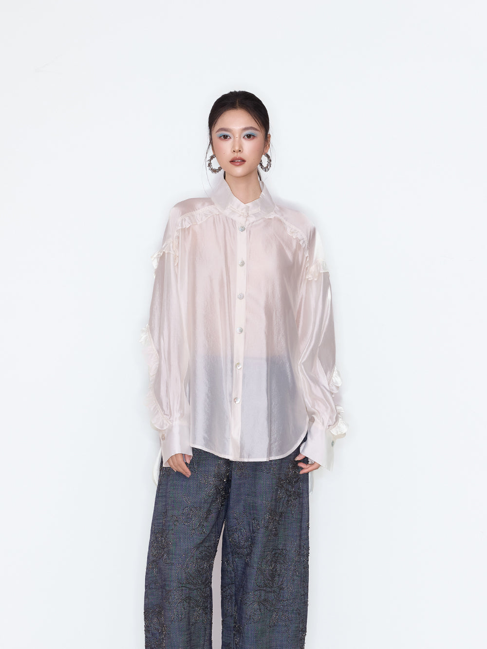 MUKZIN×Flourishing Blooms New Chinese-style semi-transparent loose-fitting stand-up collar shirt