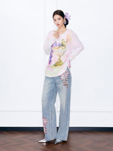MUKZIN“Night Ballad of Chang'an”Floral Embroidered Wide-Leg Jeans | Distressed Vintage Denim Pants with Sequin Floral Appliques