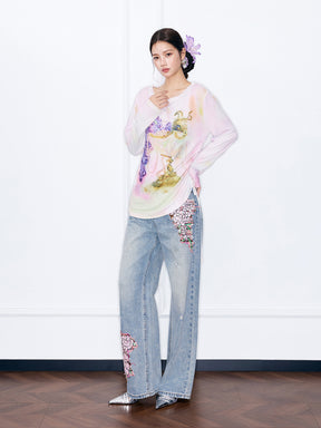MUKZIN“Night Ballad of Chang'an”Floral Embroidered Wide-Leg Jeans | Distressed Vintage Denim Pants with Sequin Floral Appliques