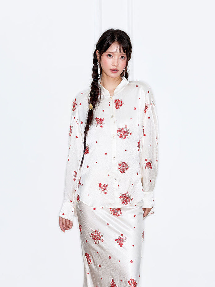 MUKZIN“Capsule Collection”Exquisite Red Floral Retro-style Stand-up Collar Off-white Shirt