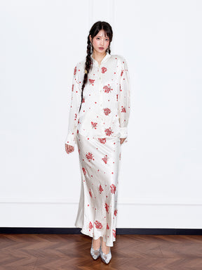 MUKZIN“Capsule Collection”Exquisite Red Floral Retro-style Stand-up Collar Off-white Shirt
