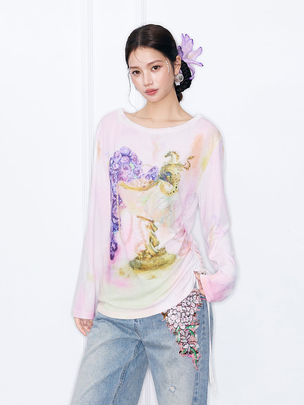 MUKZIN“Night Ballad of Chang'an”Grape & Goblet Watercolor Print Long Sleeve Top | Artistic Tie-Dye Tee