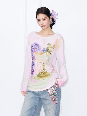 MUKZIN“Night Ballad of Chang'an”Grape & Goblet Watercolor Print Long Sleeve Top | Artistic Tie-Dye Tee