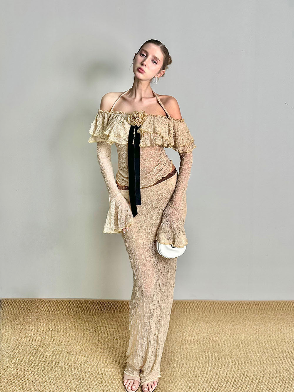 MUKTANK×Jqwention Bubble Texture Off Shoulder Fringe Slim Two Piece Top