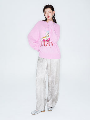 MUKZIN Linglong "Time Machine" Silhouette Crew Neck Cartoon Knit Blue Sweater