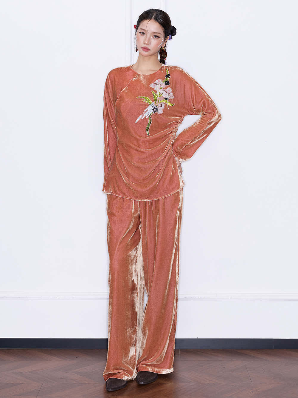 MUKZIN“Capsule Collection”Orange Velvet Wide-Leg Pants | Oriental High