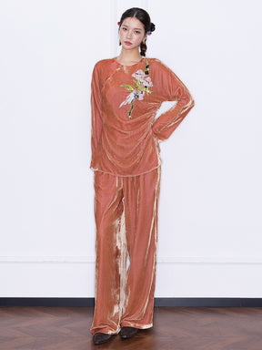 MUKZIN“Capsule Collection”Orange Velvet Wide-Leg Pants | Oriental High-Waist Relaxed Trousers