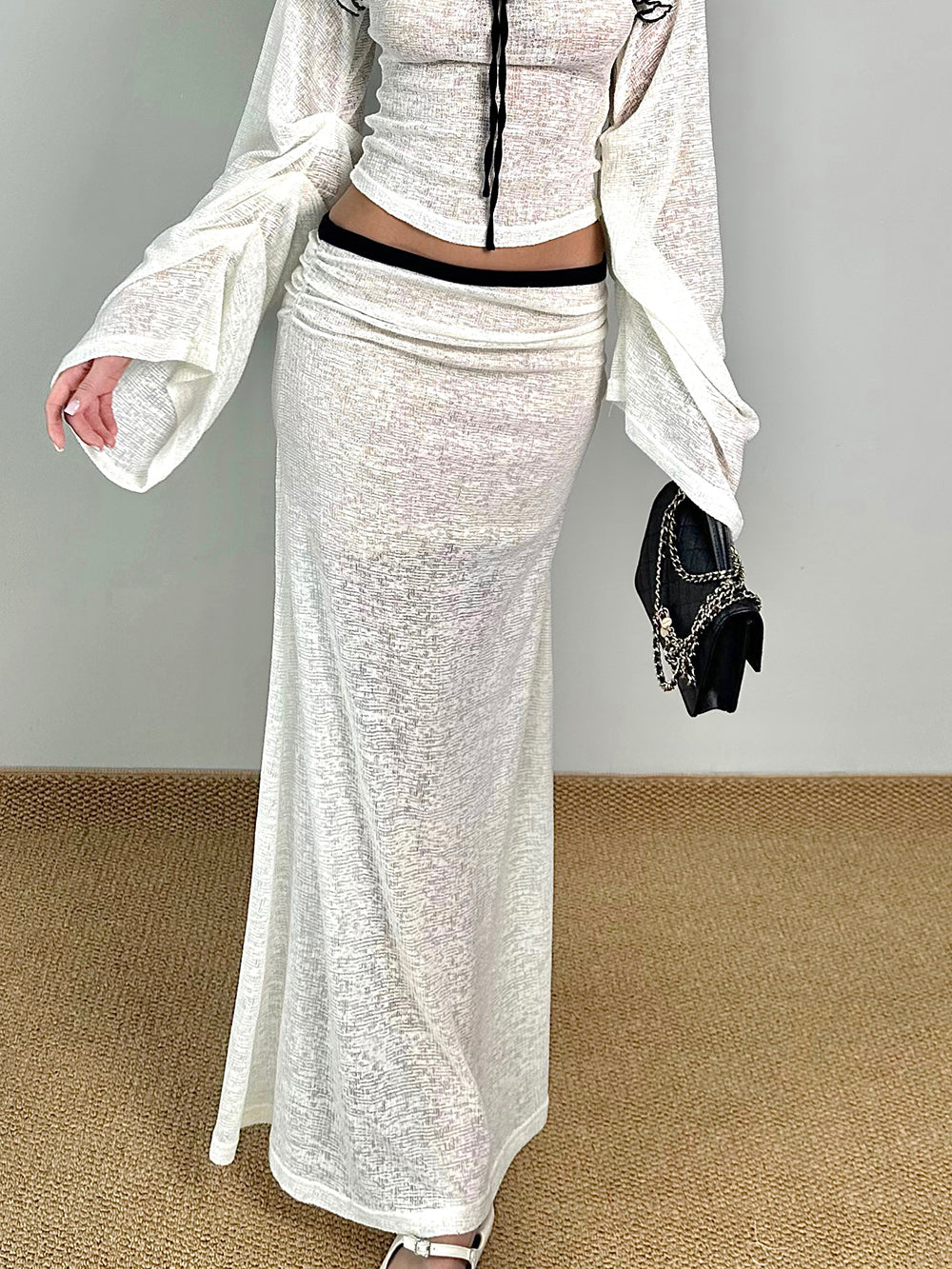 MUKTANK×Jqwention Black & White Contrast Lace Trim Moonlight Slim Suit Midi Skirt