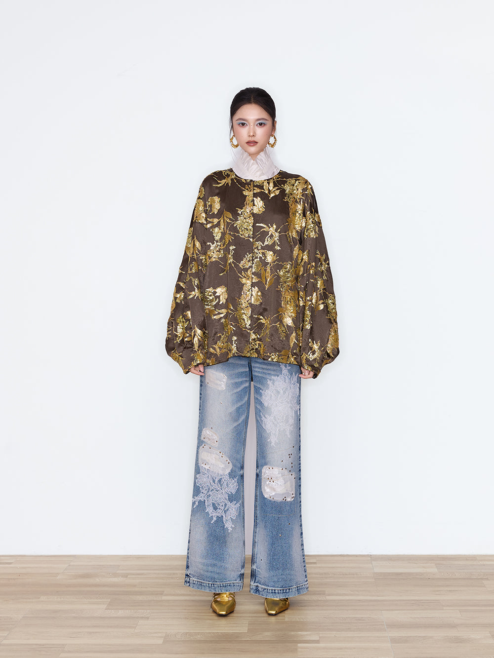 MUKZIN×Flourishing Blooms New Chinese-Style Floral Patch&Beaded High-Waist Jeans