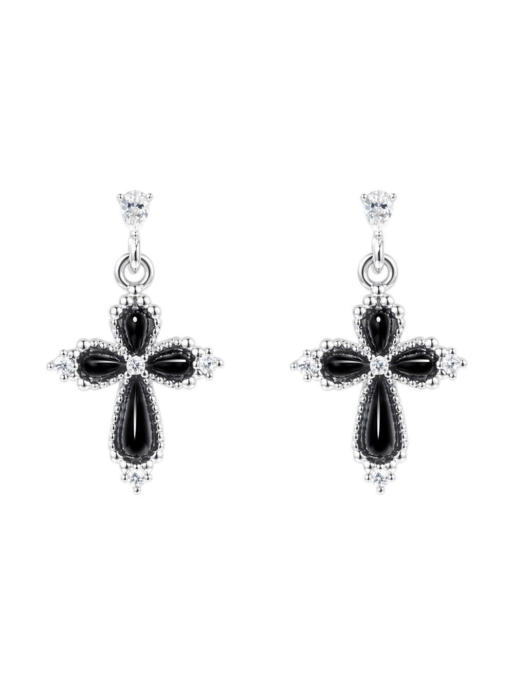 MUKTANK×SUN HUNTER Black Agate Petal Cross Drop Earrings