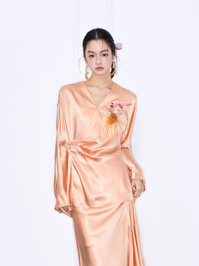 MUKZIN "Capsule Collection" New Chinese Style Embroidered V-Neck Acetate Blouse