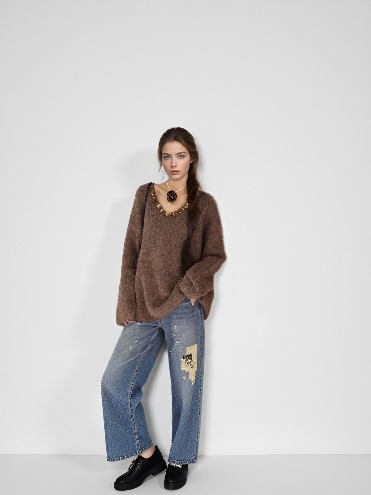 MUKZIN“Realm of Ethereal Mist”Loose Brown Sweater with Sequin Decoration