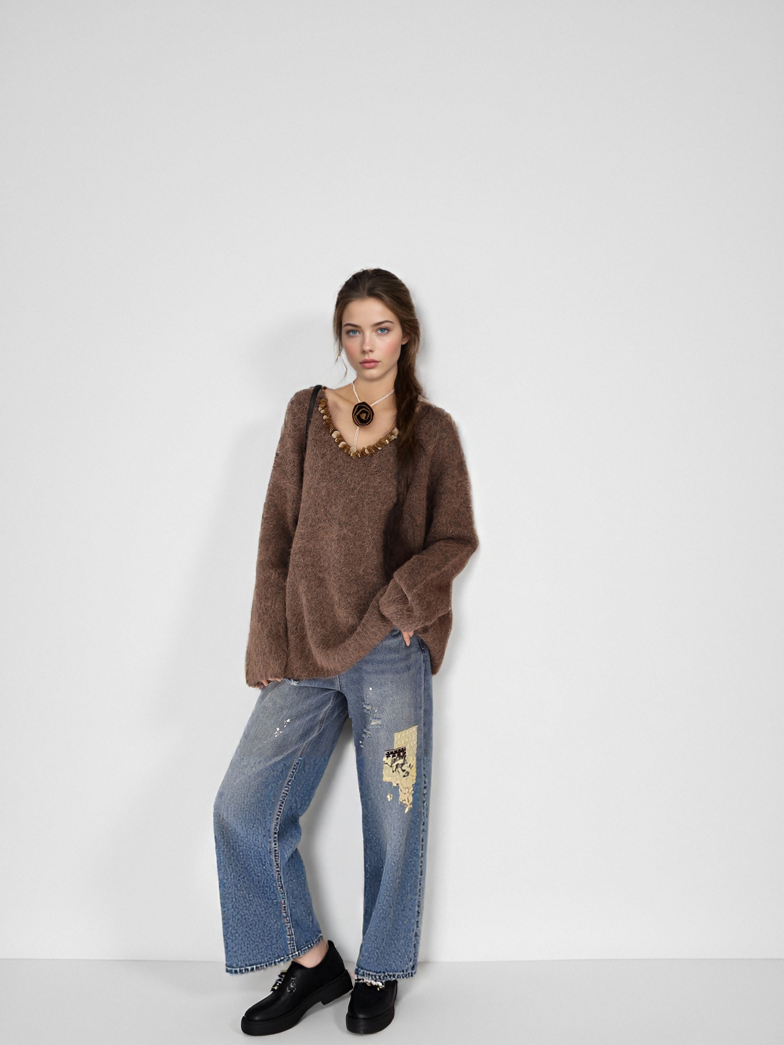 MUKZIN“Realm of Ethereal Mist”Loose Brown Sweater with Sequin Decoration