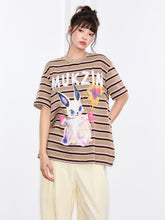 MUKZIN "Ode to the New Summer" Khaki Striped Cute Rabbit T - shirt