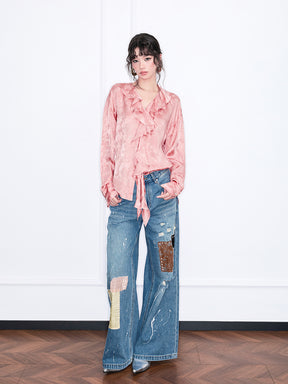 MUKZIN“Realm of Ethereal Mist”Pink Jacquard Ruffled Tie-Neck Blouse