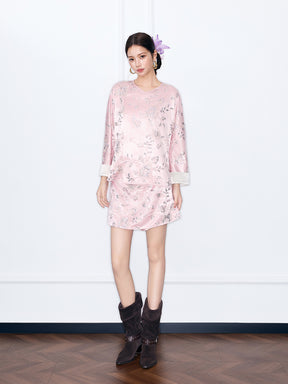 MUKZIN“Night Ballad of Chang'an”New Chinese Style Pink Jacquard Satin Blouse, Loose & Slim-Fit Traditional Chinese Long Sleeve Shirt