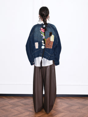 MUKZIN“Realm of Ethereal Mist”Intangible Cultural Heritage Applique - Embroidered Chinese - Style Cross - Collar Denim Jacket