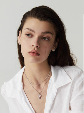MUKTANK×SUN HUNTER Lace cross double-layer teardrop necklace