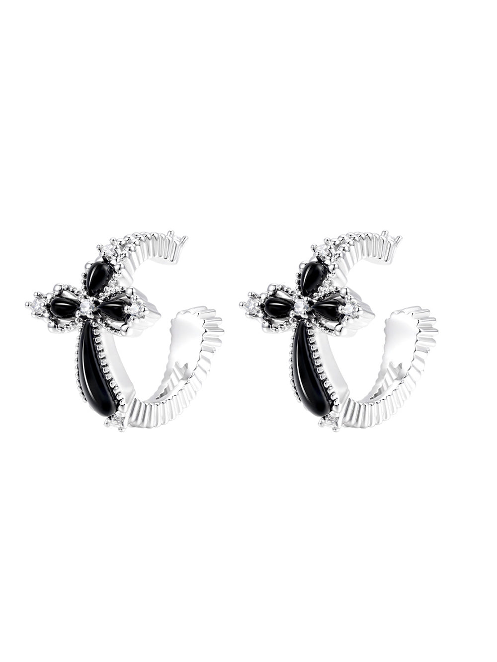 MUKTANK×SUN HUNTER Black Agate Petal Cross Ear Cuff