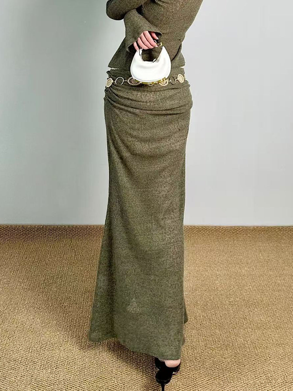 MUKTANK×Jqwention Moss Green Slim-Fit Maxi Dress Suit Midi Skirt