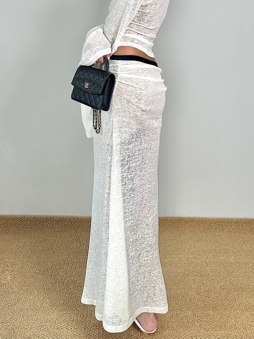 MUKTANK×Jqwention Black & White Contrast Lace Trim Moonlight Slim Suit Midi Skirt