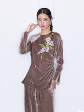 MUKZIN“Capsule Collection”Coffee Velvet Long Sleeve Top | Oriental Floral Embroidered Sequin Embellished Blouse
