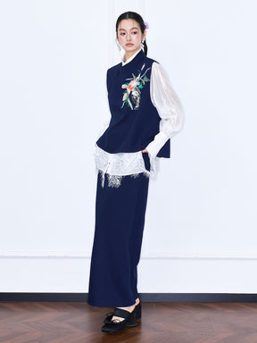 MUKZIN¡°Capsule Collection¡±Navy Chinese Style Vest with Floral Embroidery