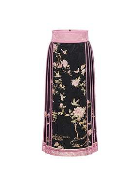 MUKZIN  Linglong “Abundant Flowers”Straight-Leg Pleated Skirt.