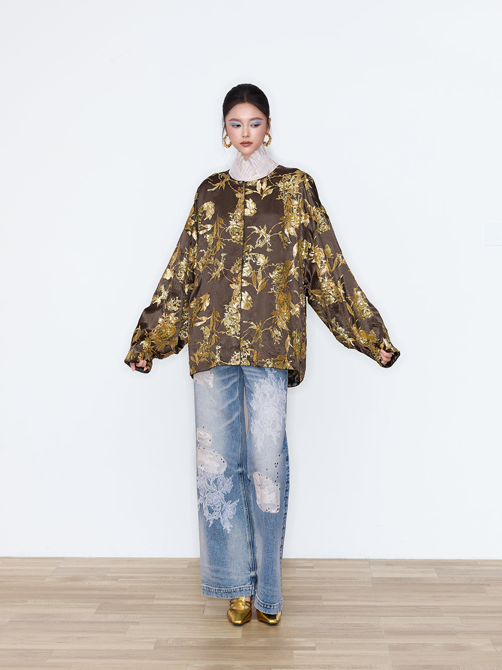 MUKZIN×Flourishing Blooms New Chinese-Style Floral Patch&Beaded High-Waist Jeans