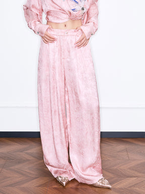 MUKZIN“Realm of Ethereal Mist”Pink Jacquard Draped Wide - Leg Pants