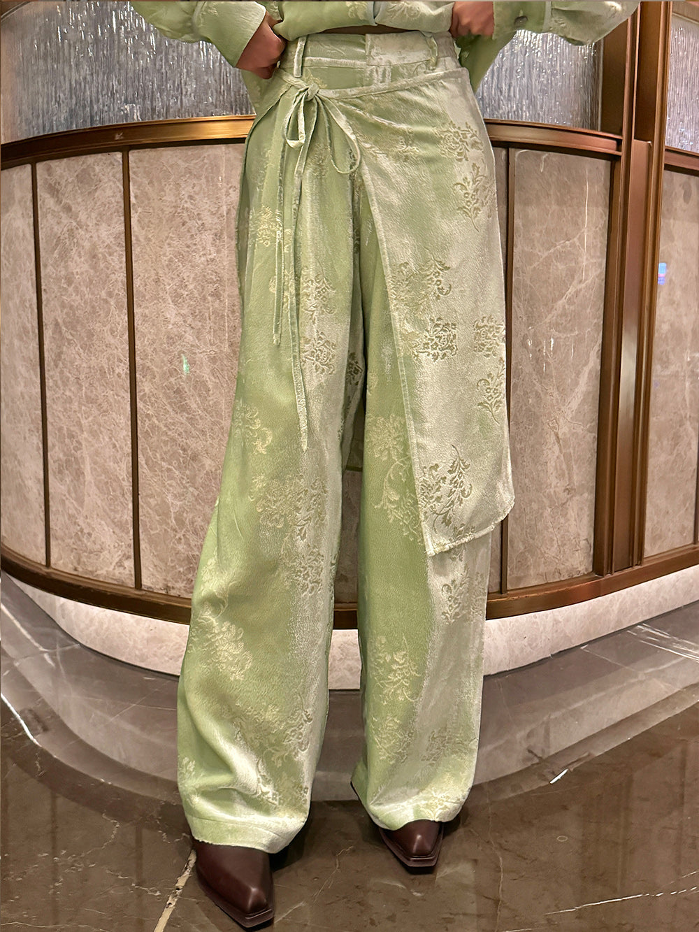 MUKZIN“Capsule Collection”Light Green Velvet Jacquard Wide-Leg Pants | Oriental High-Waist Loose Trousers