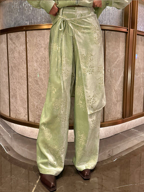 MUKZIN“Capsule Collection”Light Green Velvet Jacquard Wide-Leg Pants | Oriental High-Waist Loose Trousers