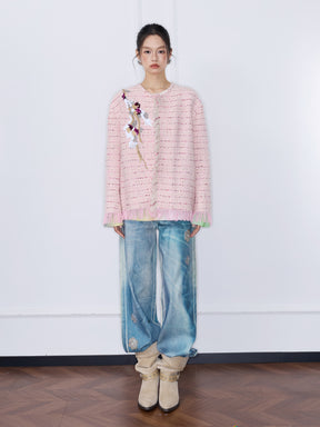 MUKZIN“Capsule Collection”Pink Textured Fabric 3D Floral Embroidery Fringe Short Coat